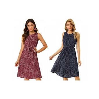 2 Packs Women's Split Neck Dots Print Sleeveless Casual Dresses