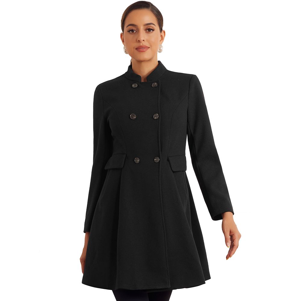 Stand Collar Coat For Women's Double Breasted Pocket Long Sleeve