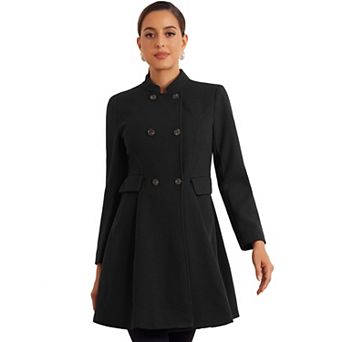 Stand Collar Coat For Women's Double Breasted Pocket Long Sleeve Winter Coats