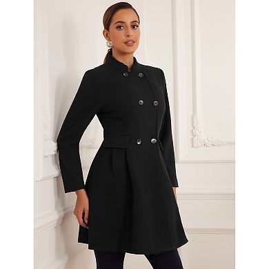 Stand Collar Coat For Women's Double Breasted Pocket Long Sleeve Winter Coats