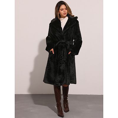 ジャケット・アウター enof warm long coat black M Winter Warm Long Coat For Women's Belted Lapel Open Front Faux Fur