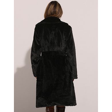 Winter Warm Long Coat For Women's Belted Lapel Open Front Faux Fur Fluffy Jackets