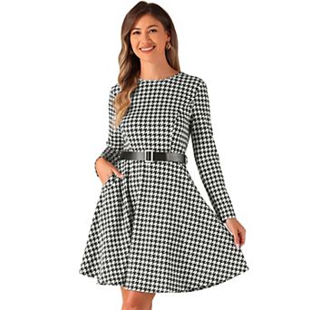 Women's Elegant Houndstooth Plaid Dress With Belt And Pockets
