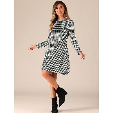 Women's Elegant Houndstooth Plaid Dress With Belt And Pockets