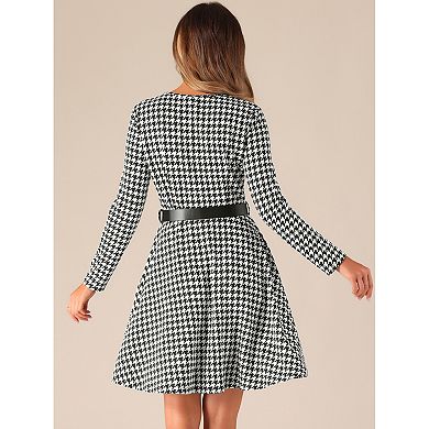 Women's Elegant Houndstooth Plaid Dress With Belt And Pockets
