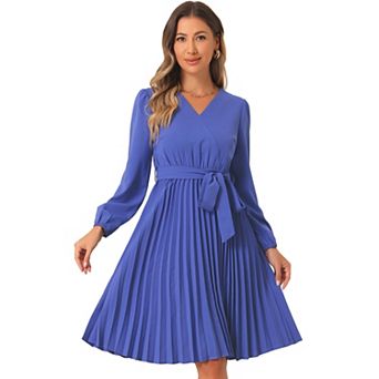 Women's V Neck Long Sleeve Flowy A Line Tie Waist Pleated Casual Dresses