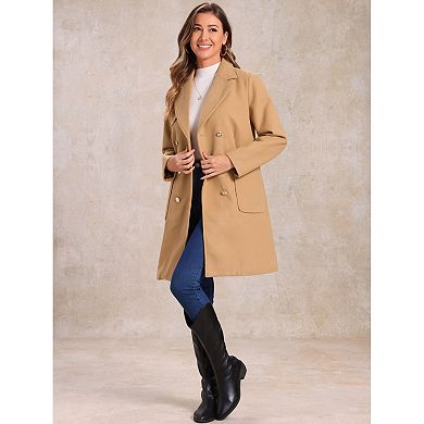 Long Coat For Women's Notched Lapel Pockets Double Breasted Long Sleeve Trench Coats
