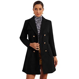 Long Coat For Women's Notched Lapel Pockets Double Breasted Long Sleeve Trench Coats
