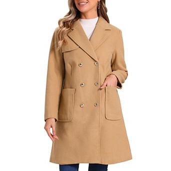 Long Coat For Women's Notched Lapel Pockets Double Breasted Long Sleeve Trench Coats