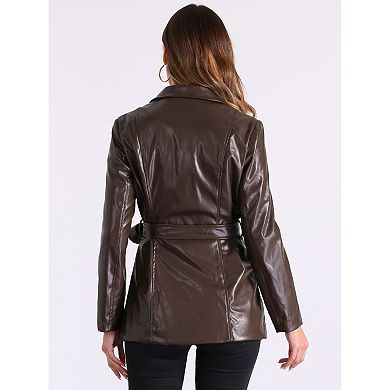 Women's Faux Leather Blazer Jackets Button Down Notched Lapel Tie Waist Blazer Coat with Pockets