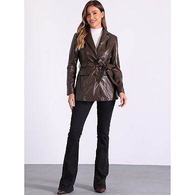 Women's Faux Leather Blazer Jackets Button Down Notched Lapel Tie Waist Blazer Coat with Pockets