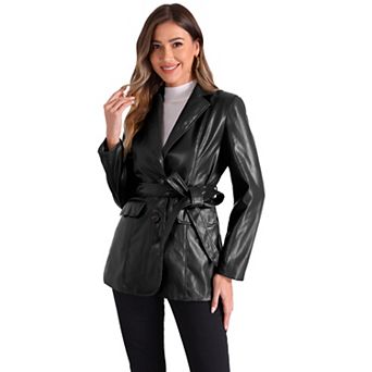 Women's Faux Leather Blazer Jackets Button Down Notched Lapel Tie Waist Blazer Coat with Pockets