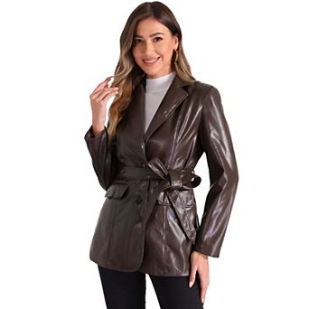 Women's Faux Leather Blazer Jackets Button Down Notched Lapel Tie Waist Blazer Coat with Pockets