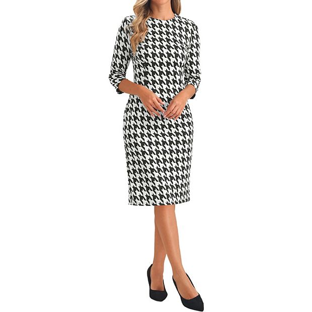 Houndstooth 3/4 Sleeve Elegant Cinched Waist Sheath Dress, Black / M