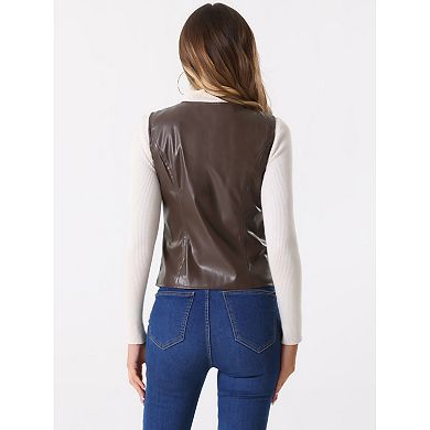 Women Bikers Waistcoat Black Leather Vest Front Press Studs  - W2 main image 1