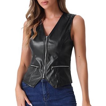Women's Faux Leather Waistcoat V Neck Sleeveless Zipper Motorcycle Biker Vintage Vest Jacket