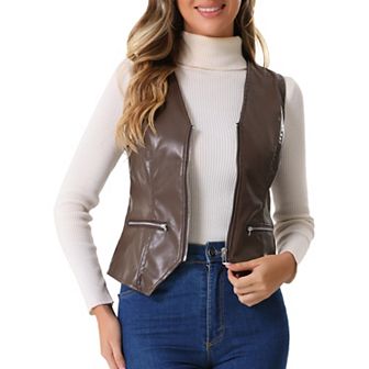 Women's Faux Leather Waistcoat V Neck Sleeveless Zipper Motorcycle Biker Vintage Vest Jacket