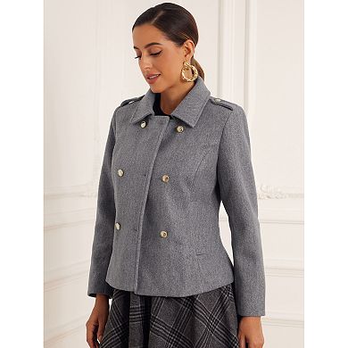 Pea Coat For Women's Woolen Blend Classic Collar Double Breasted Overcoat Winter Outerwear