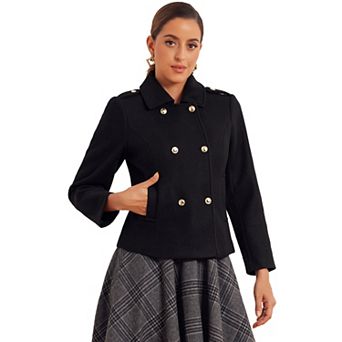 Pea Coat For Women's Woolen Blend Classic Collar Double Breasted Overcoat Winter Outerwear