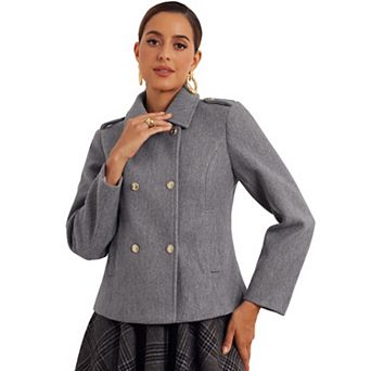 Pea Coat For Women's Woolen Blend Classic Collar Double Breasted Overcoat Winter Outerwear