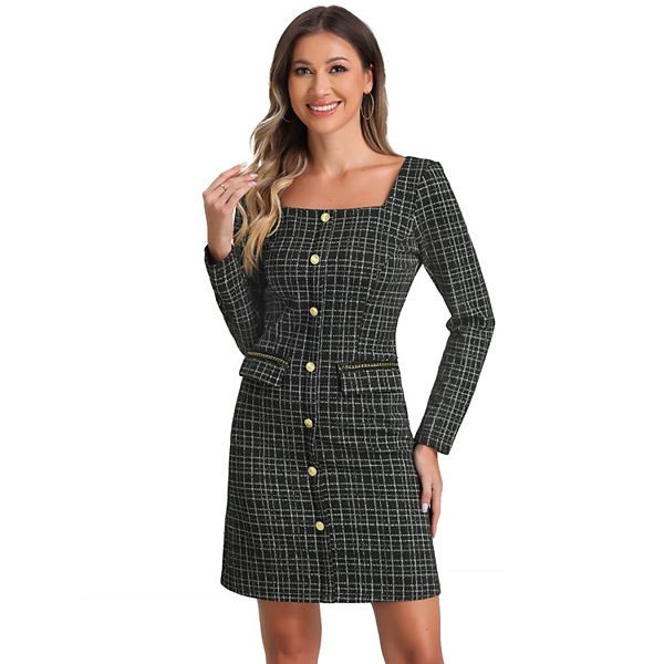 [JILLSTUART]★25SS★韓国人気★Check Cotton Blend Tweed Dress Women's Tweed Dress with Long Sleeves and Square Neckline