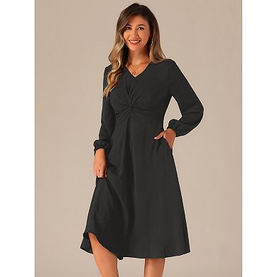 Women's V Neck Twist Front A-line Party Wedding Guest Midi Dress
