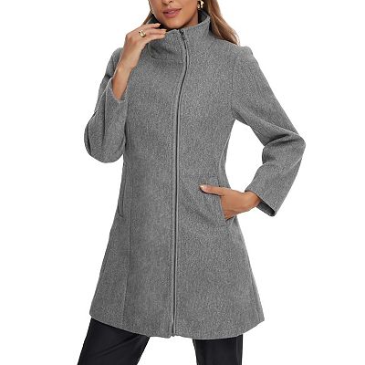 Women s Winter Coat With Pockets Stand Collar Mid length Zip Up Coats