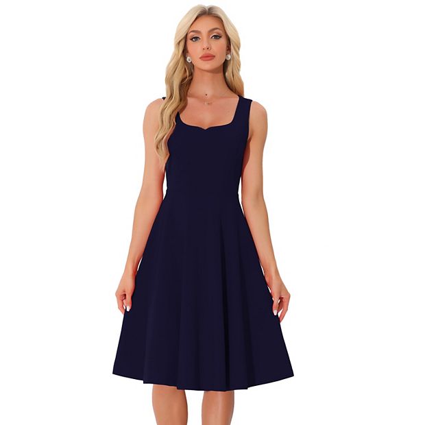 Sweetheart Neck Sleeveless A-Line Midi Swing Dress, Dark Blue / XS