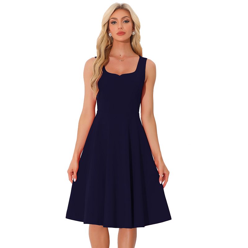 INSPIRE CHIC Women's Sweetheart Neck Sleeveless Fit and Flare Swing Dress Large Dark Blue