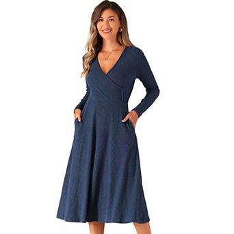Knit Dresses For Women's Long Sleeve A-line Wrap Ribbed Dress