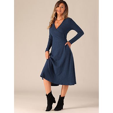 Knit Dresses For Women's Long Sleeve A-line Wrap Ribbed Dress