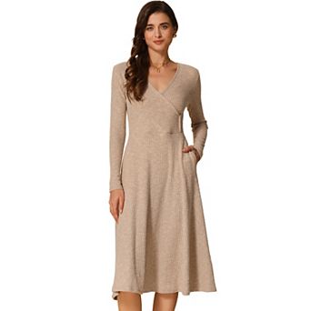 Knit Dresses for Women's Long Sleeve A-Line Wrap Ribbed Dress