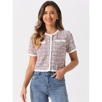 Short Sleeve Tweed Jacket For Women's Collarless Crew Neck Button Front Top Cropped Cardigan