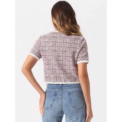 Short Sleeve Tweed Jacket For Women's Collarless Crew Neck Button Front Top Cropped Cardigan