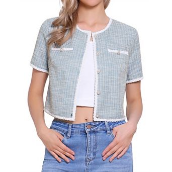 Short Sleeve Tweed Jacket for Women's Collarless Crew Neck Button Front Top Cropped Cardigan