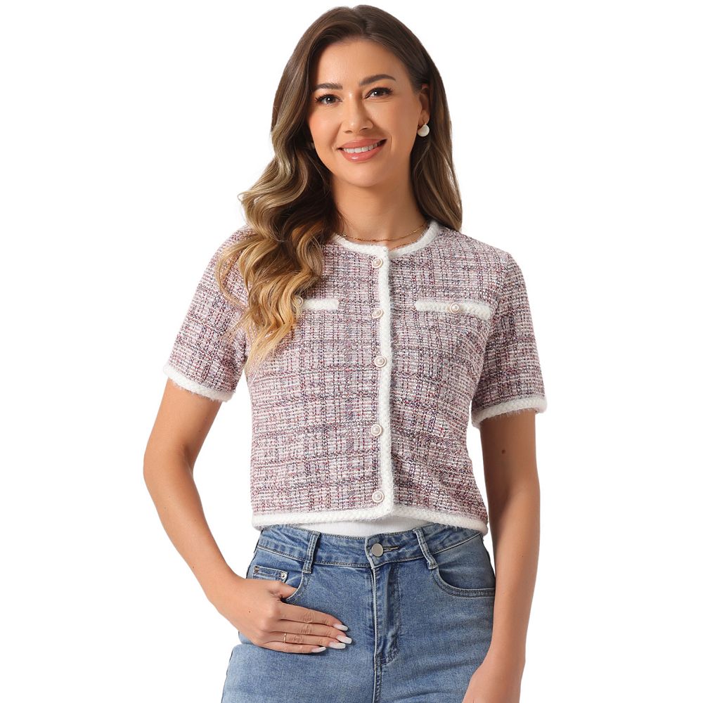 Short Sleeve Tweed Jacket For Women's Collarless Crew Neck