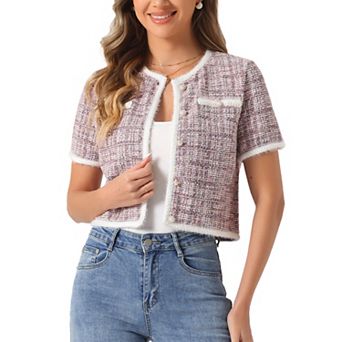 Short Sleeve Tweed Jacket for Women's Collarless Crew Neck Button Front Top Cropped Cardigan