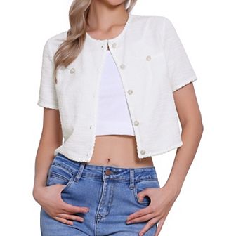 Short Sleeve Tweed Jacket for Women's Collarless Crew Neck Button Front Top Cropped Cardigan