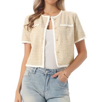 Short Sleeve Tweed Jacket for Women's Collarless Crew Neck Button Front Top Cropped Cardigan
