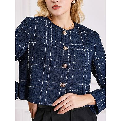 Women's Tweed Blazer Casual Collarless Button Front Plaid Jacket