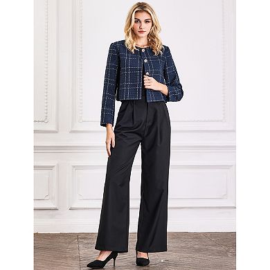 Women's Tweed Blazer Casual Collarless Button Front Plaid Jacket