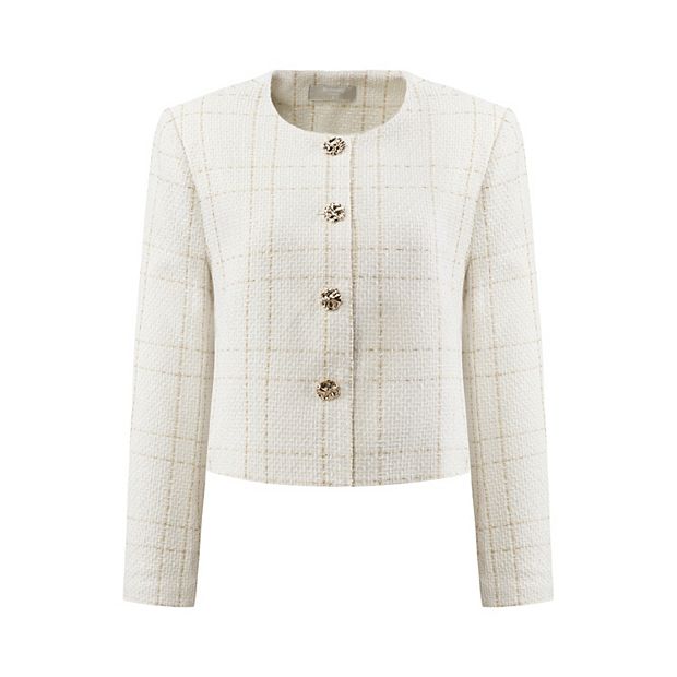 Women's Tweed Blazer Casual Collarless Button Front Plaid Jacket