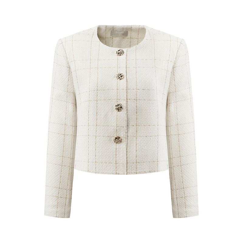 Women's Tweed Blazer Casual Collarless Button Front Plaid Jacket