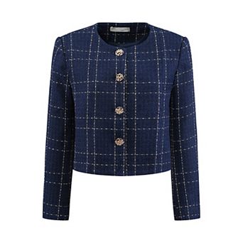 Women's Tweed Blazer Casual Collarless Button Front Plaid Jacket