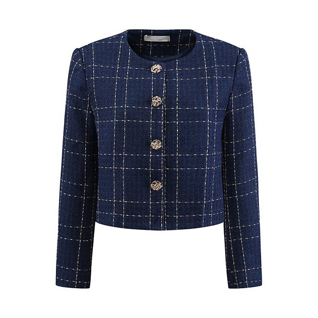 ジャケット・アウター Tweed Dot Button Collarless Jacket myzgx Women's Fall Casual Button Down Tweed Blazer Jacket Round