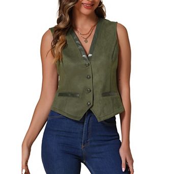 Vintage Suit Waistcoat for Women's V Neck Faux Suede Button Down Sleeveless Jacket Vest