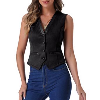 Vintage Suit Waistcoat for Women's V Neck Faux Suede Button Down Sleeveless Jacket Vest