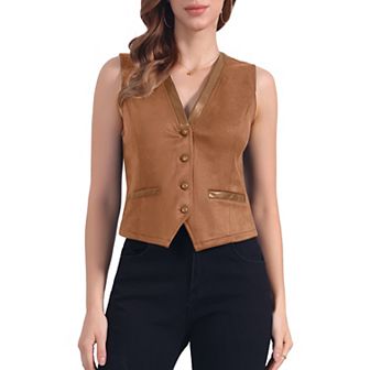 Vintage Suit Waistcoat For Women's V Neck Faux Suede Button Down Sleeveless Jacket Vest