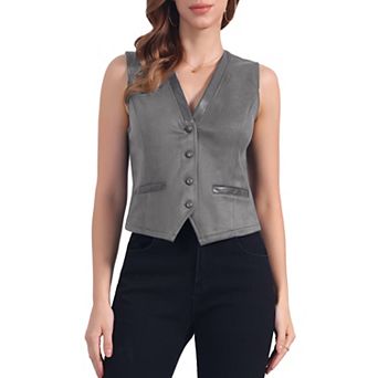 Vintage Suit Waistcoat for Women's V Neck Faux Suede Button Down Sleeveless Jacket Vest