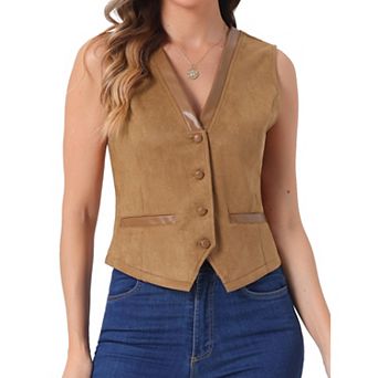 Vintage Suit Waistcoat for Women's V Neck Faux Suede Button Down Sleeveless Jacket Vest
